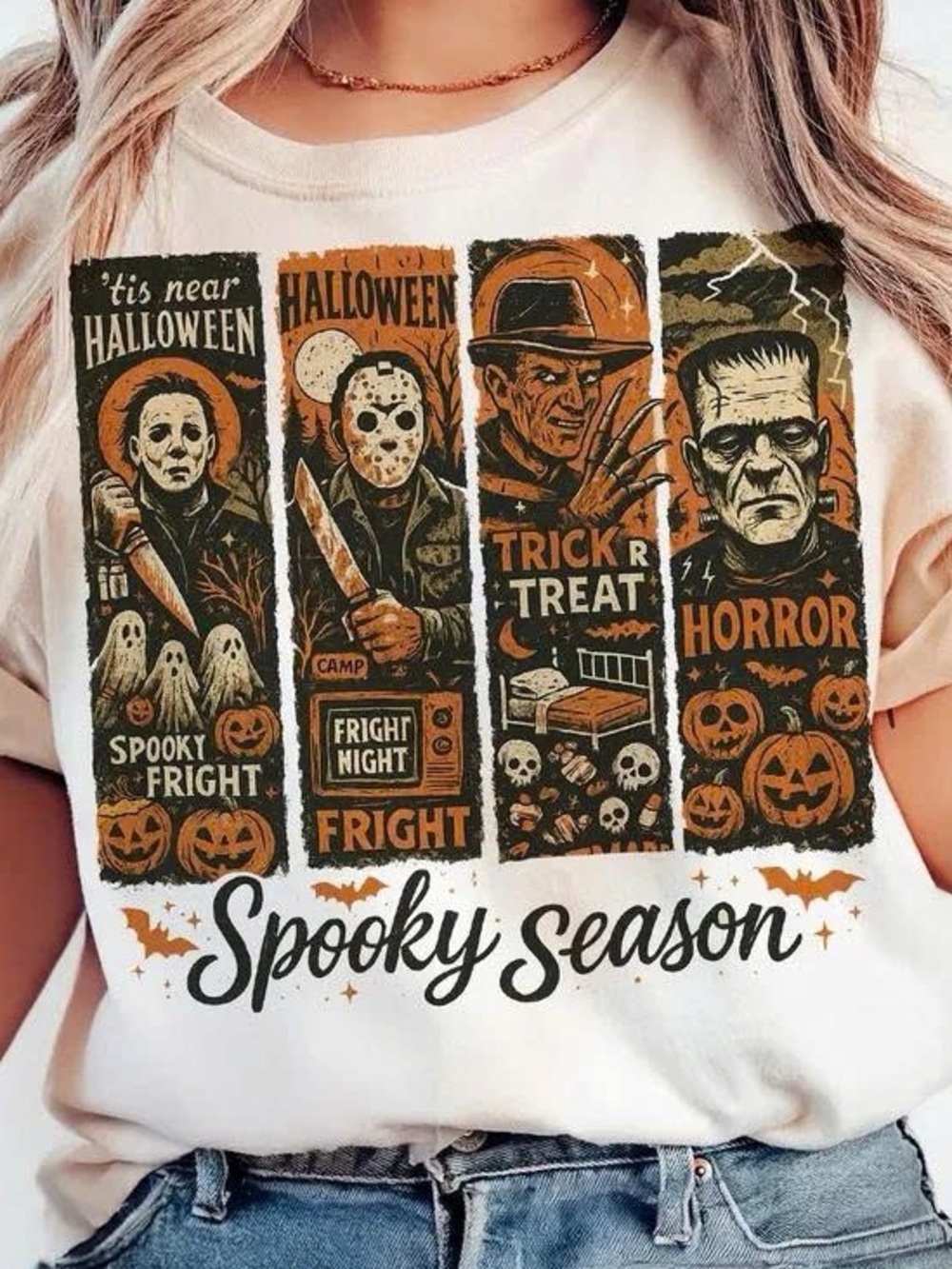 Gildan White Kids Halloween Tee with Orange and Black Vintage Horror Panels